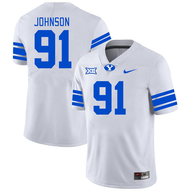 Men #91 Dallin Johnson BYU Cougars College Football Jerseys Stitched Sale-White